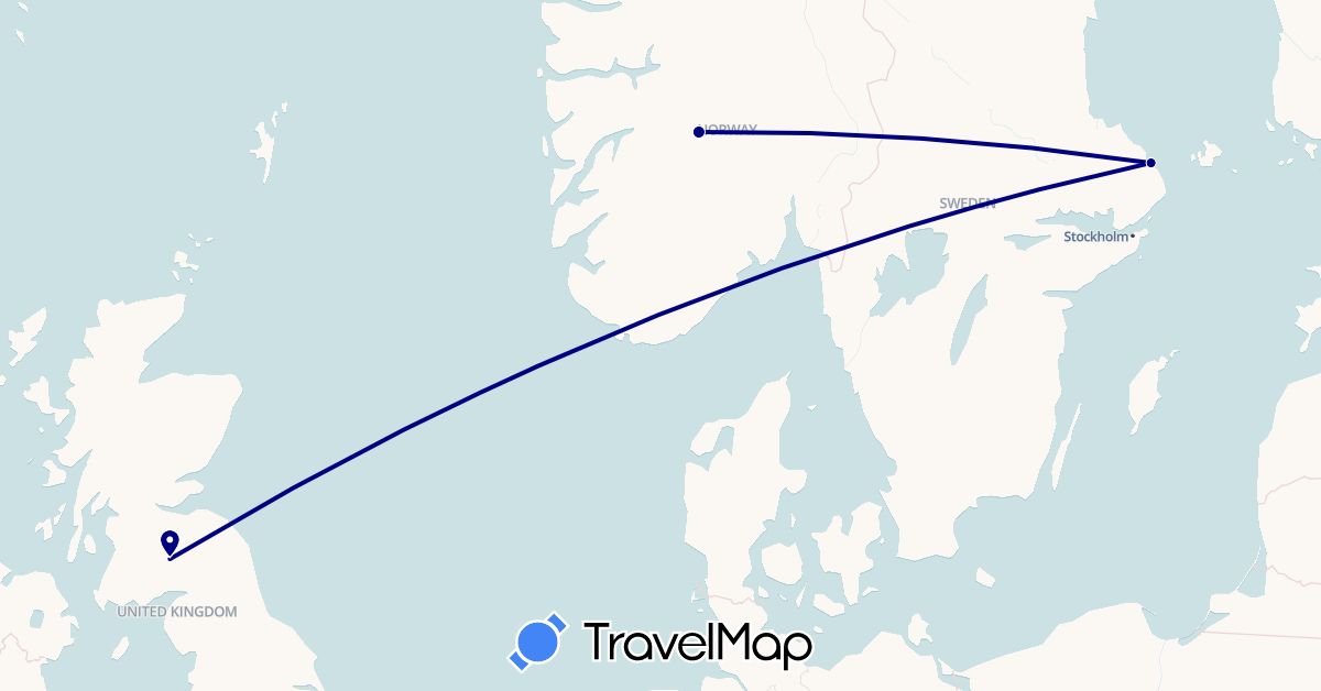 TravelMap itinerary: driving in United Kingdom, Norway, Sweden (Europe)